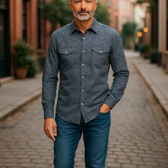 Benson Mens Long-Sleeve Navy Floral Button-Down Shirt With Chest Pockets & Adjus - Picture 3 of 8